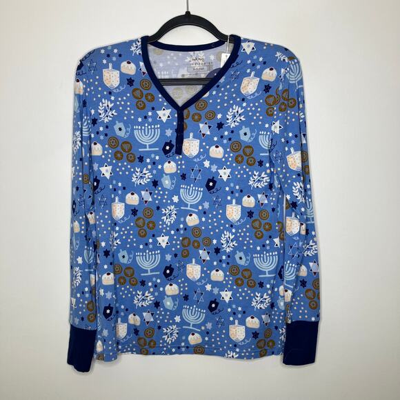 NWT LITTLE SLEEPIES Women's Bamboo Pajama Top Hanukkah Lights Blue Small - Picture 1 of 4